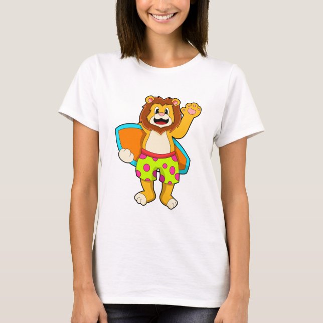 Lion as Surfer with Surfboard T-Shirt (Front)