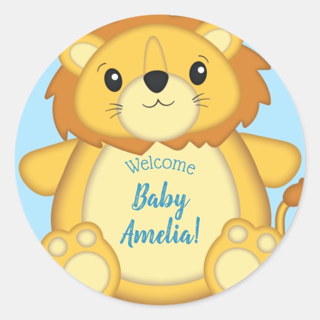 Lion Baby Shower Blue Classic Round Sticker (Front)