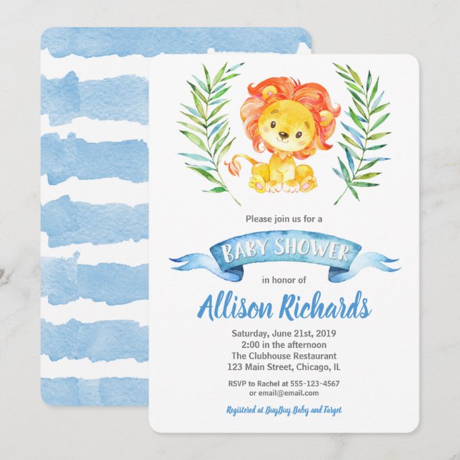 Lion baby shower invitation for boy watercolor (Front/Back)