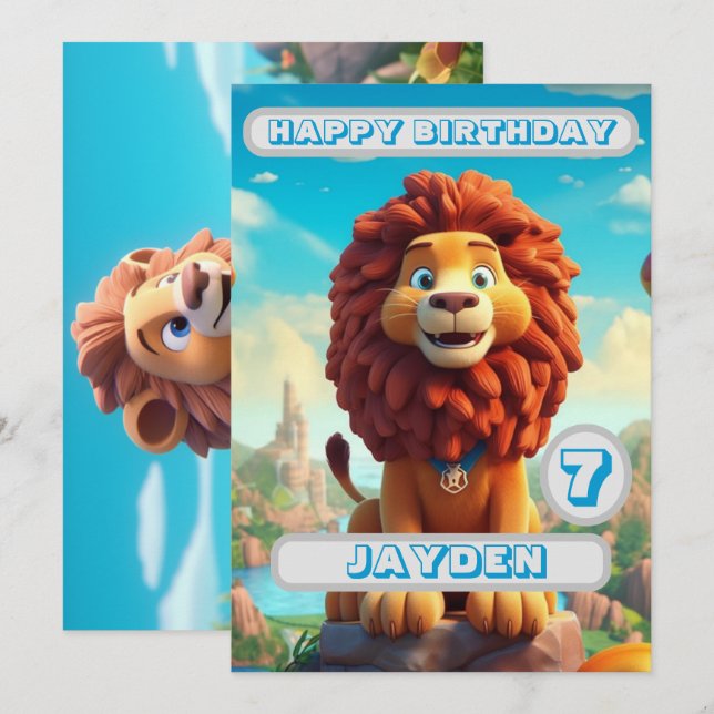 Lion Birthday Card Personalised Kids Name Age (Front/Back)