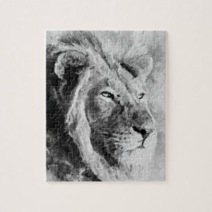 Lion Black and White Mixed Media Digital Art Jigsaw Puzzle