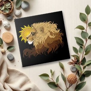 Lion Black Yellow Mandala Sun Tile