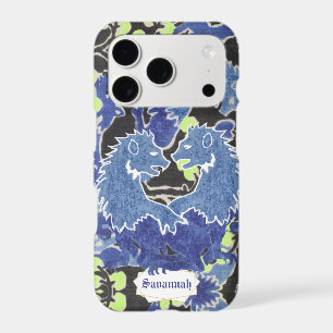 Lion bleu médiéval sur motif floral