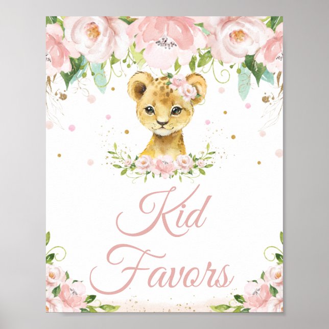 Lion Blush Pink Floral Birthday Party Kid Favors  Poster (Front)