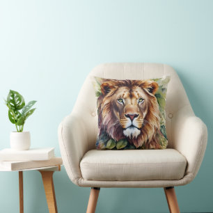Lion Botanical Watercolor Art Throw Pillow