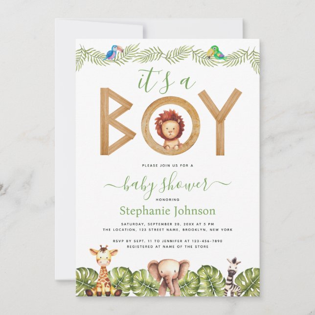 Lion Boy Baby Shower Safari Animals Jungle Leaves  Invitation (Front)