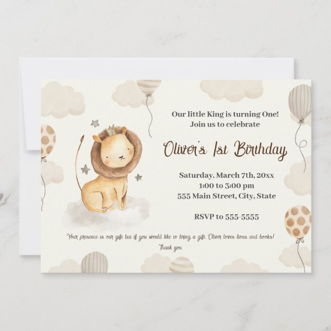 Lion boy birthday invitation cute watercolor  (Front)