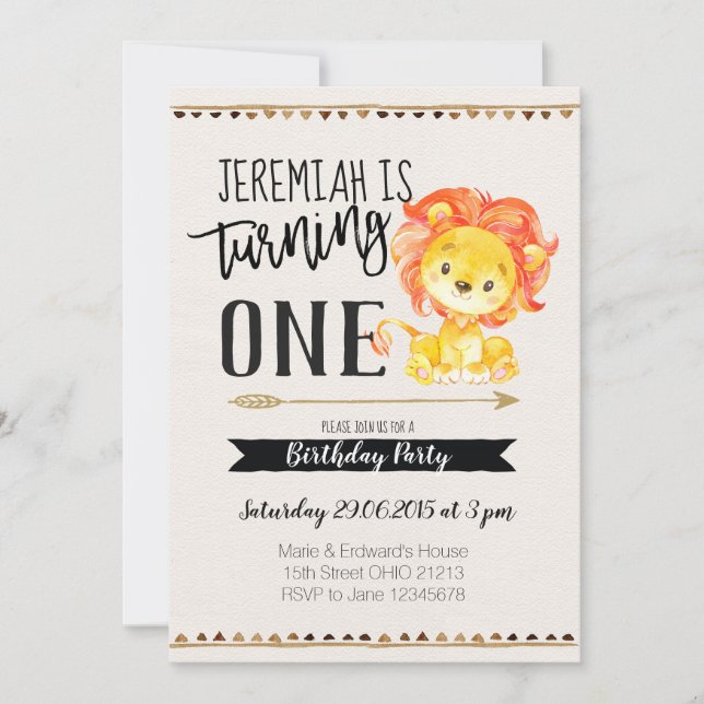 Lion Boy First Birthday Party Invitation (Front)