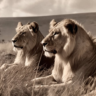 Lion Brothers Resting In The Sun - Black and White Jigsaw Puzzle
