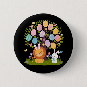 Lion Bunny Easter Cute Tree Hunting Eggs 2 Inch Round Button