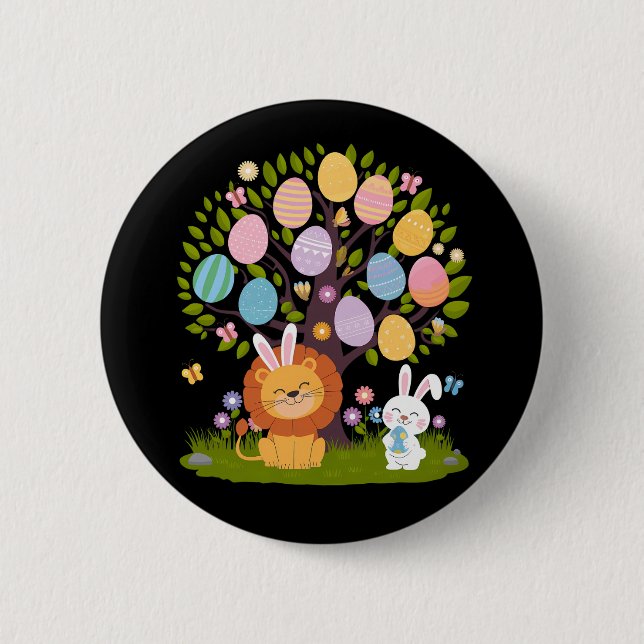Lion Bunny Easter Cute Tree Hunting Eggs 2 Inch Round Button (Front)