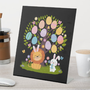 Lion Bunny Easter Cute Tree Hunting Eggs Pedestal Sign