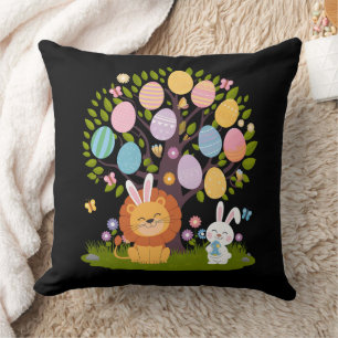 Lion Bunny Easter Cute Tree Hunting Eggs Throw Pillow