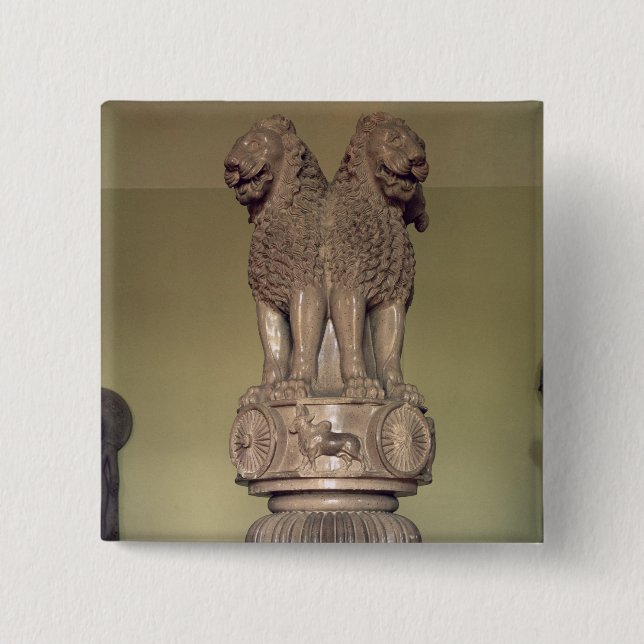 Lion capital from the Pillar of Emperor Ashoka 2 Inch Square Button (Front)