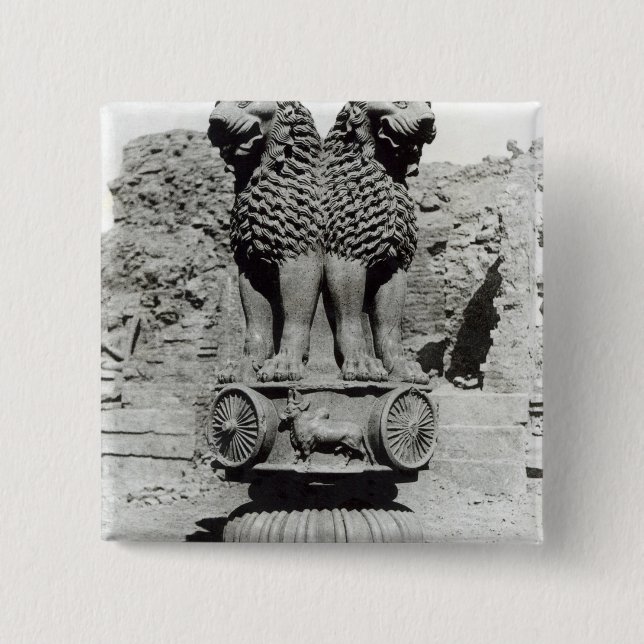Lion capital from the Pillar of Emperor Ashoka 2 Inch Square Button (Front)