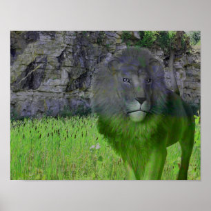 Lion Cattails Stone Wall Imaginaire Art Poster