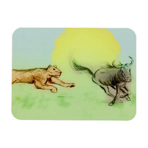 Lion Chasing Buffalo in the Wild Photo Magnet