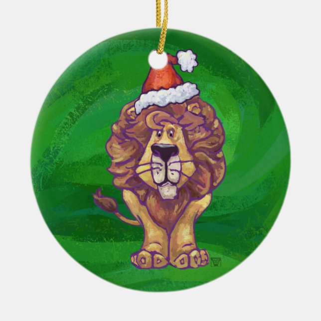 Lion Christmas On Green Ceramic Ornament (Front)