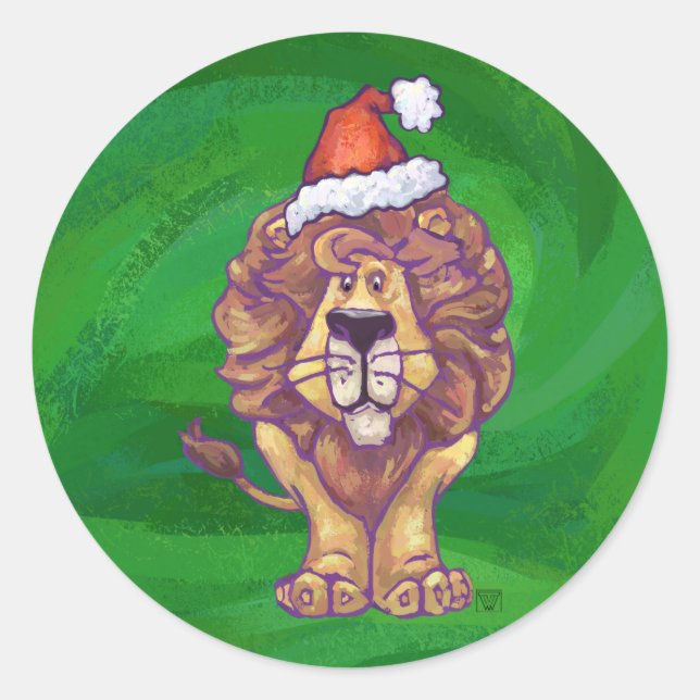 Lion Christmas On Green Classic Round Sticker (Front)