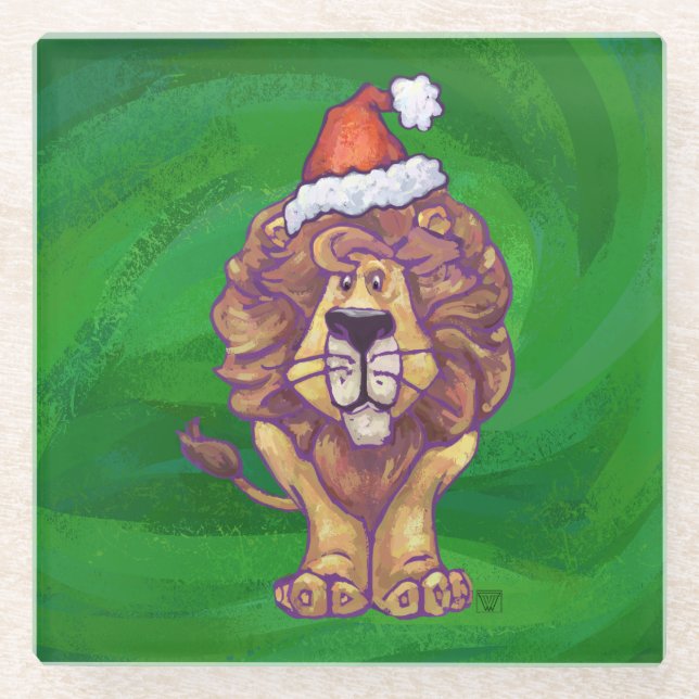 Lion Christmas On Green Glass Coaster (Front)
