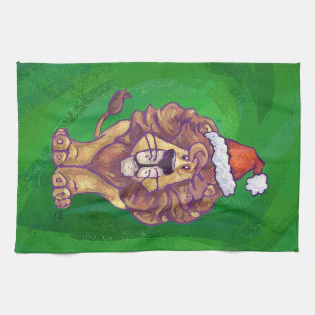 Lion Christmas On Green Kitchen Towel (Horizontal)
