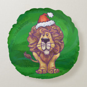 Lion Christmas On Green Round Pillow