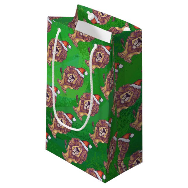 Lion Christmas On Green Small Gift Bag (Front Angled)
