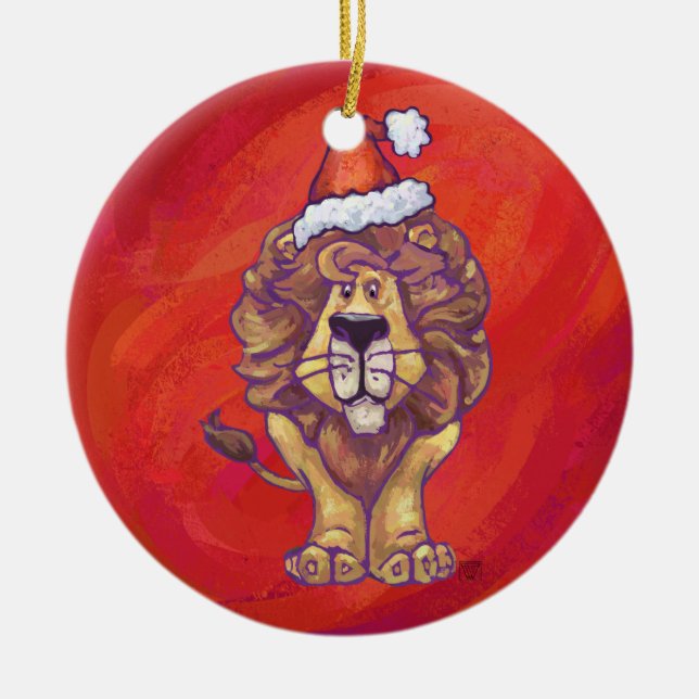 Lion Christmas On Red Ceramic Ornament (Front)