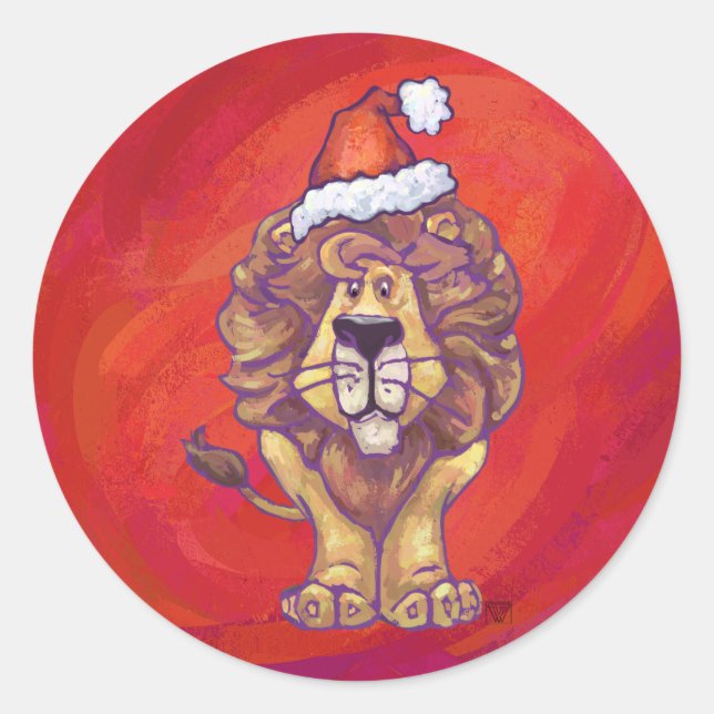 Lion Christmas On Red Classic Round Sticker (Front)