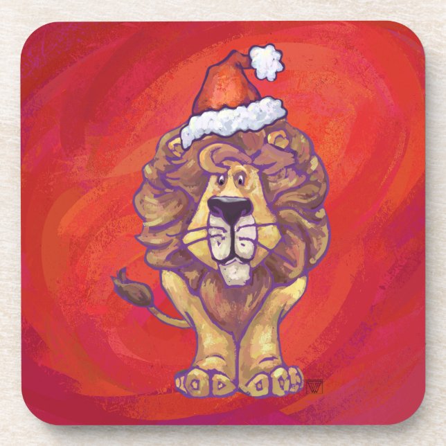 Lion Christmas On Red Coaster (Front)