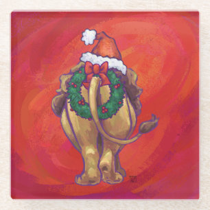 Lion Christmas On Red Glass Coaster