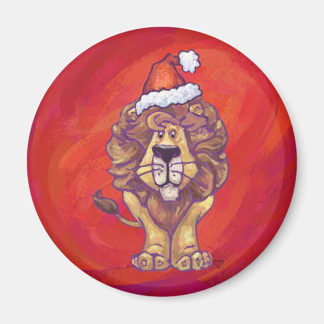 Lion Christmas On Red Magnet (Front)