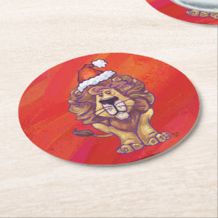 Lion Christmas On Red Round Paper Coaster