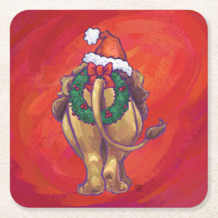 Lion Christmas On Red Square Paper Coaster
