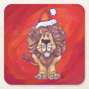 Lion Christmas On Red Square Paper Coaster