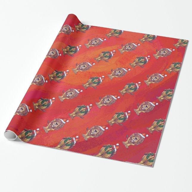 Lion Christmas On Red Wrapping Paper (Unrolled)