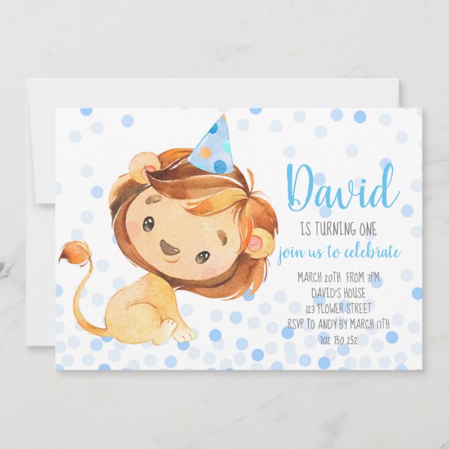 Lion Confetti First Birthday Safari Jungle Boy Invitation (Front)