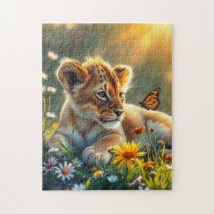 Lion Cub at sunrise with a butterfly Jigsaw Puzzle