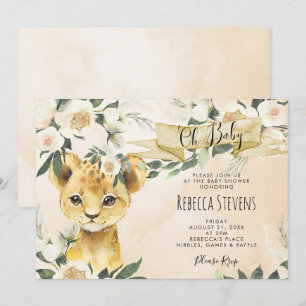 Lion cub floral neutral baby shower invitation