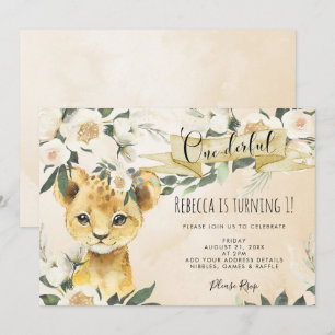 lion cub floral onederful 1st birthday invitation