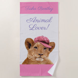 Lion Cub in Hat Personalize Name & Message Beach Towel