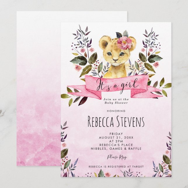 lion cub pink floral girl baby shower invitation (Front/Back)