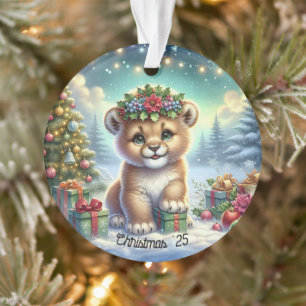 Lion Cub & Poinsettia Crown Snow Scene Ornament