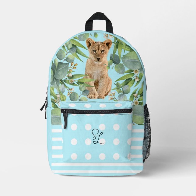 Lion Cub Teal Green Forest Modern Dot Stripes Printed Backpack (Front)