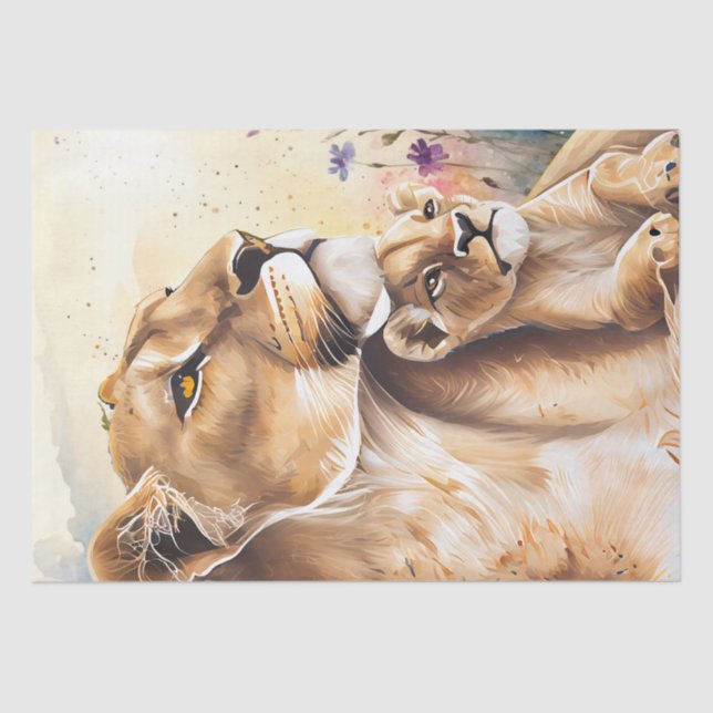 Lion Cub Wildflower Watercolor Decoupage Tissue Paper (Front)