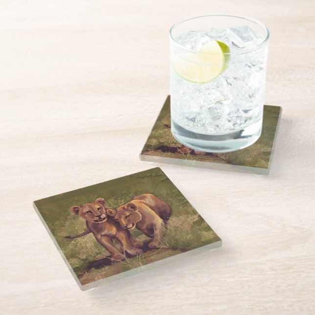 Lion Cubs Art Glass Coaster (Angled)