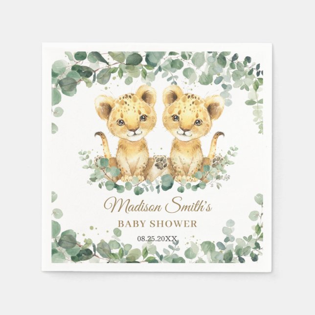 Lion Cubs Greenery Twin Boys Baby Shower  Napkin (Front)