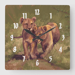 Lion Cubs Square Wall Clock