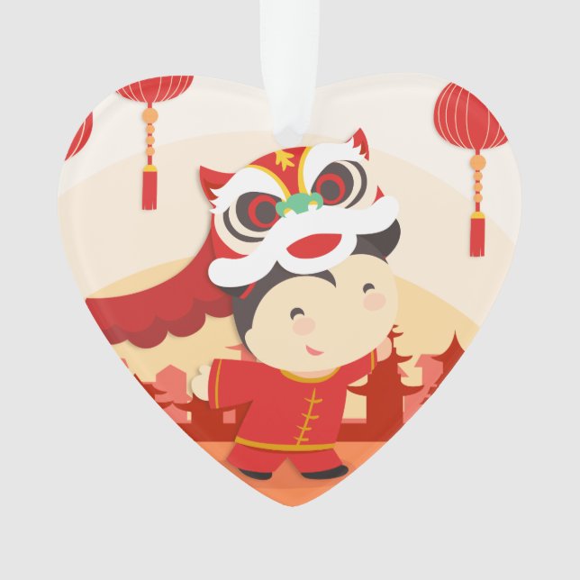 Lion Dance Kid Chinese Lunar New Year Heart AO Ornament (Front)