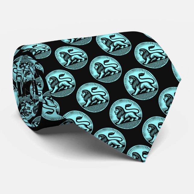 Lion Disc Pattern - Black and Ice Blue on Black Tie (Rolled)
